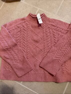 J. Crew Pink Cable Knit Mock Neck Sweater